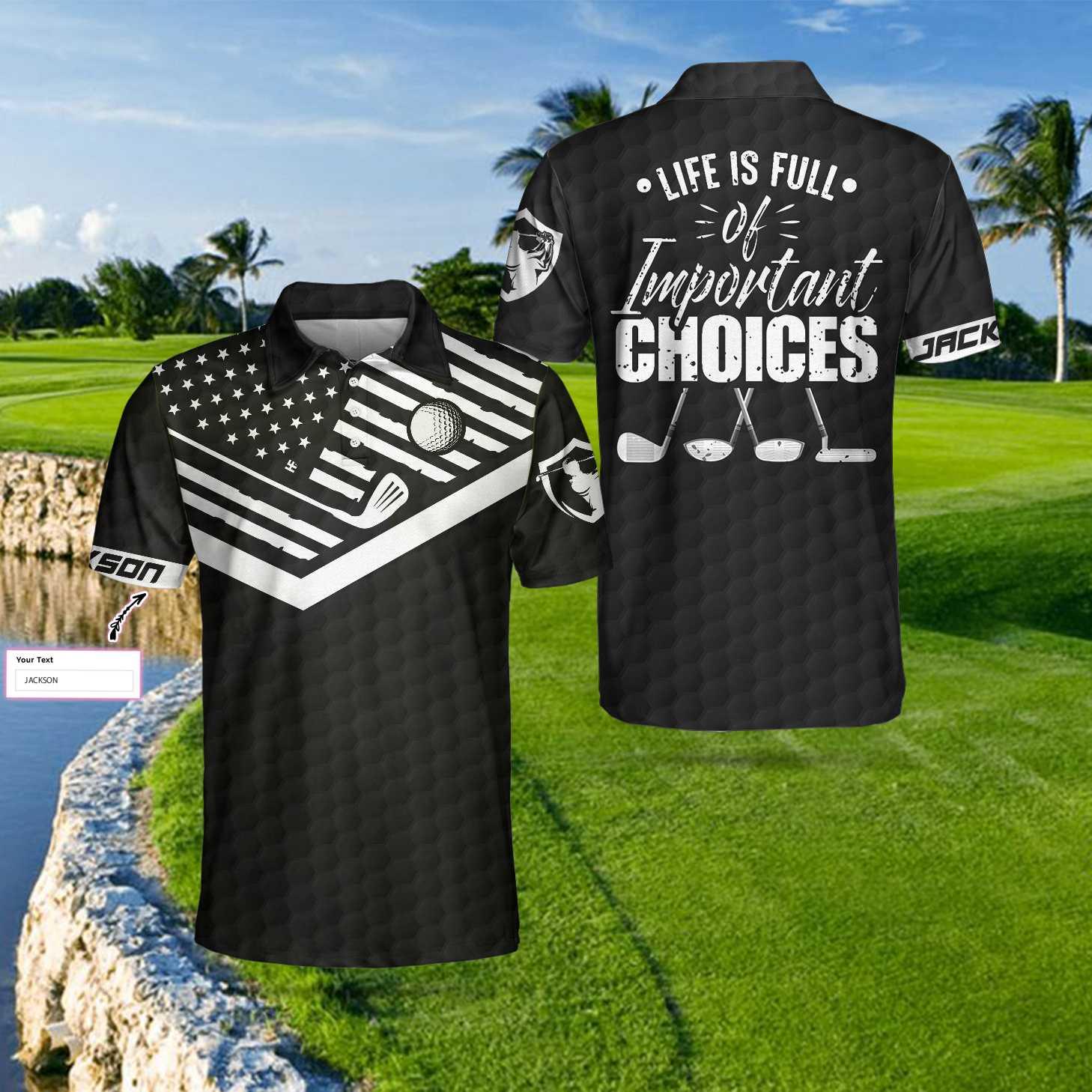 Men Golf Polo Shirt - Personalized Black Golf Pattern US Flag Men Polo Shirt, Life Is Full Of Important Choices New Custom Polo Shirt For Men - Amzanimalsgift