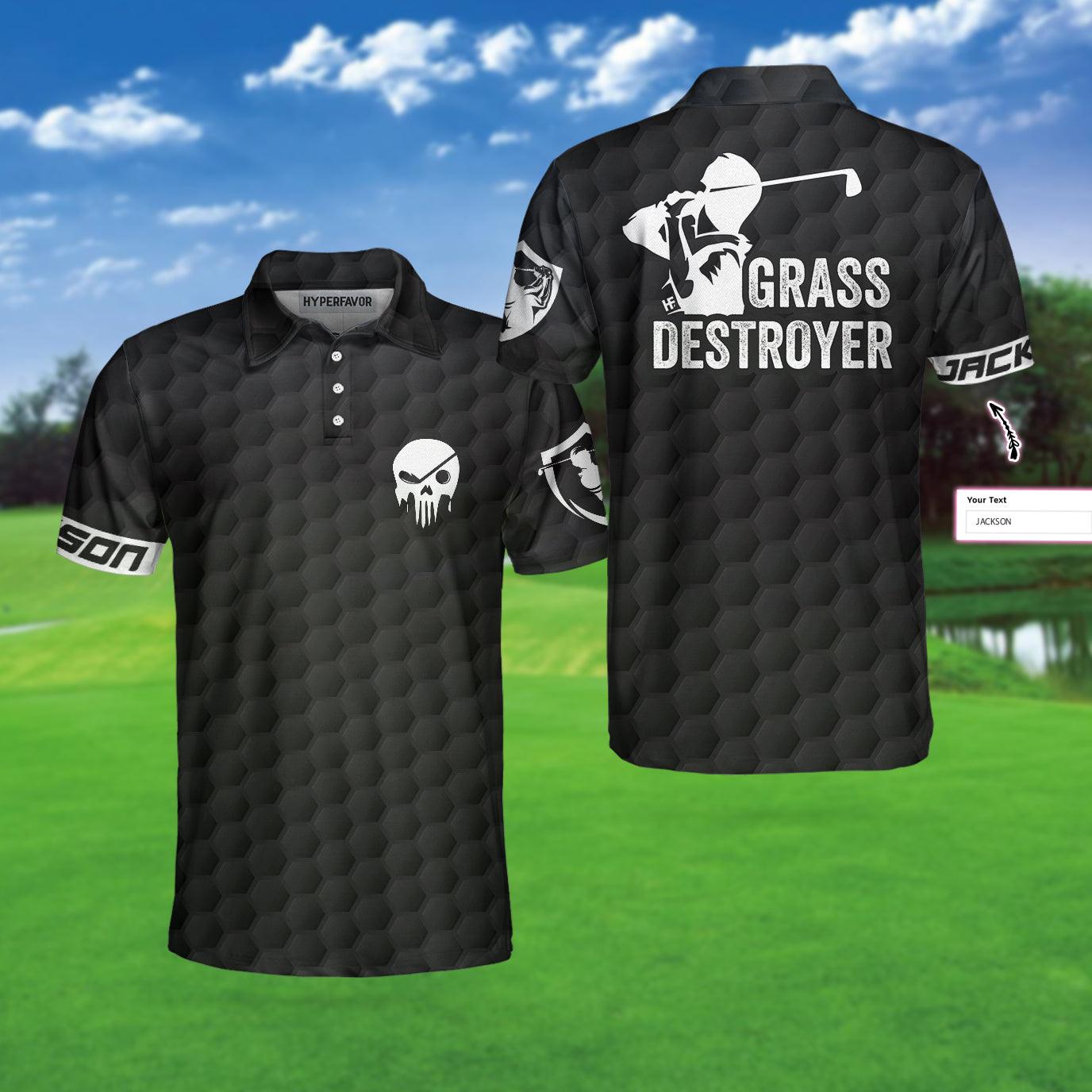 Men Golf Polo Shirt - Personalized Black Skull Golfing Men Polo Shirt, Grass Destroyer Custom Polo Shirt Design, Golf Gift Idea For Men, Golfers - Amzanimalsgift