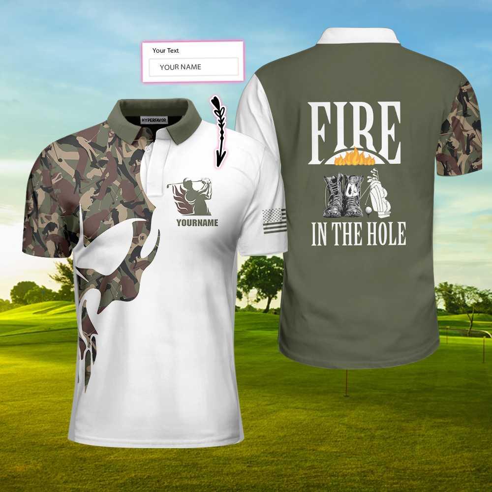 Men Golf Polo Shirt - Personalized Camouflage Veteran Men Polo Shirt, Fire In The Hole Veteran Custom Shirt For Veteran Golfers, Customized Golf Gift For Patriot - Amzanimalsgift