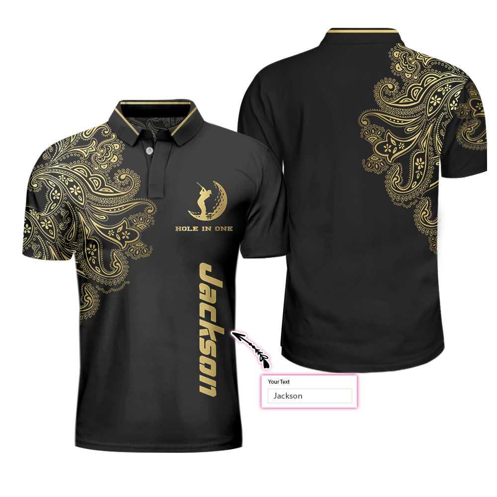 Men Golf Polo Shirt - Personalized Golden Floral Paisley Golf Men Polo Shirt, Golden Hole In One Black Golf Custom Shirt For Men - Amzanimalsgift