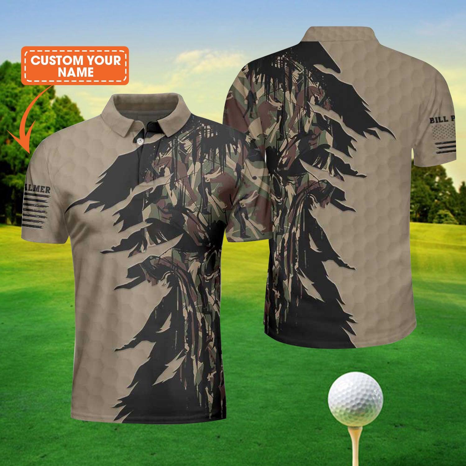 Men Golf Polo Shirt - Personalized Ripped Vintage Golfing Clubs Skull Camouflaged Men Polo Shirt, Camo Golf Custom Shirt For Male - Amzanimalsgift