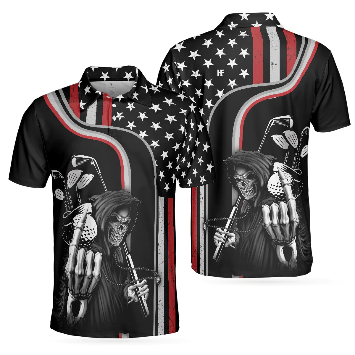 Men Golf Polo Shirt - Reaper American Flag Golf Polo Shirt, Black Theme Reaper Golfer Golf Shirt For Men - Gift For Men, Golfer - Amzanimalsgift