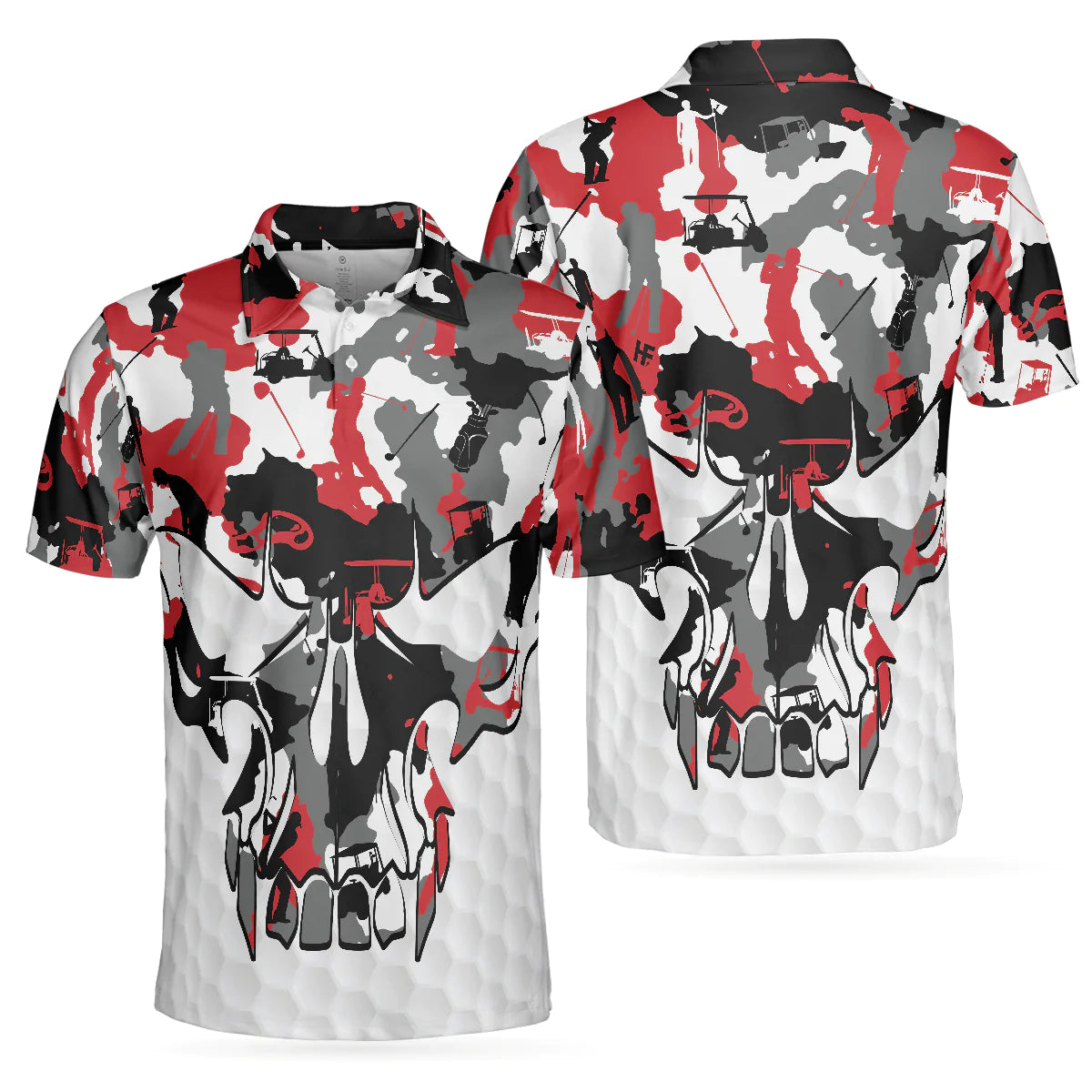 Men Golf Polo Shirt - Red And White Camouflage Golf Set Skull Polo Shirt, Camo Golf Shirt For Men - Best Gift For Men, Golfer - Amzanimalsgift