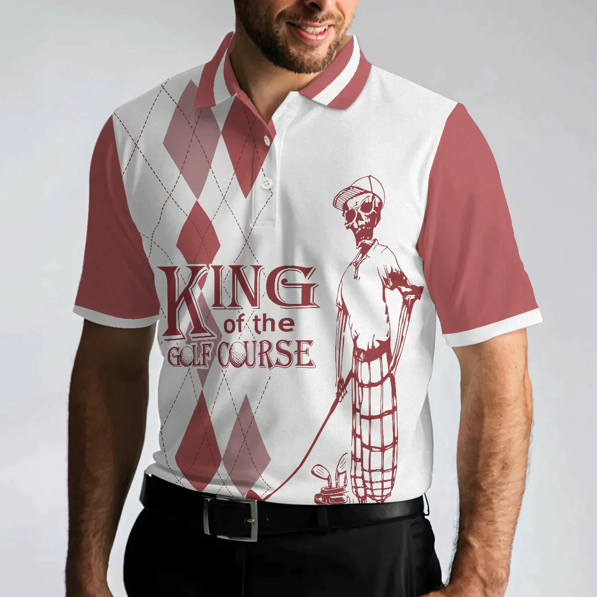 Men Golf Polo Shirt - Red Argyle Pattern Skeleton Golfer Men Polo Shirt, King Of The Golf Course Golf Polo Shirt, Best Golf Shirt For Male - Amzanimalsgift