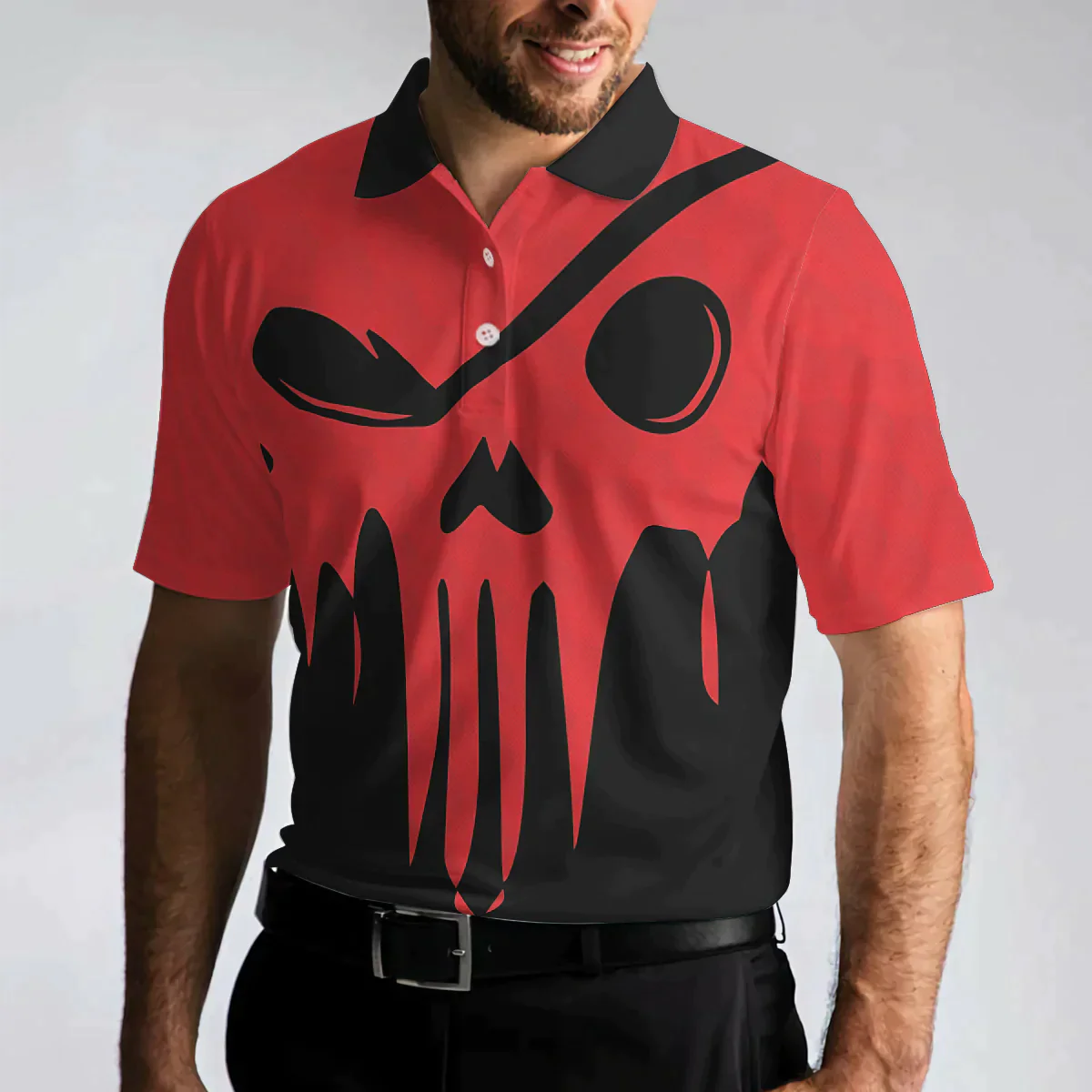 Men Golf Polo Shirt - Scary Skull Polo Shirt, Less Talk More Golfing Shirt, Black And Red Men Golf Polo Shirt - Perfect Polo Shirt For Men, Golfers - Amzanimalsgift