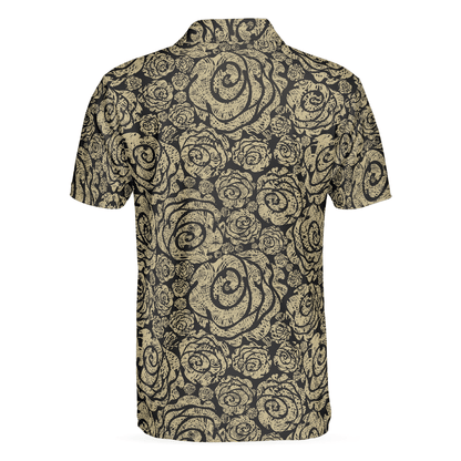Men Golf Polo Shirt - Seamless Beige Grunge Rose Pattern Men Polo Shirt, Cool Roses Graphic Polo Shirt, Rose Themed Shirt For Men, Flower Lovers - Amzanimalsgift