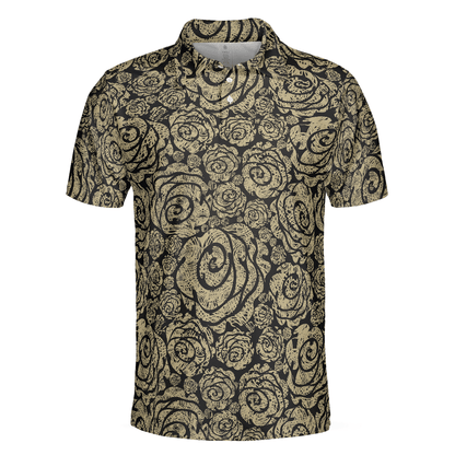 Men Golf Polo Shirt - Seamless Beige Grunge Rose Pattern Men Polo Shirt, Cool Roses Graphic Polo Shirt, Rose Themed Shirt For Men, Flower Lovers - Amzanimalsgift