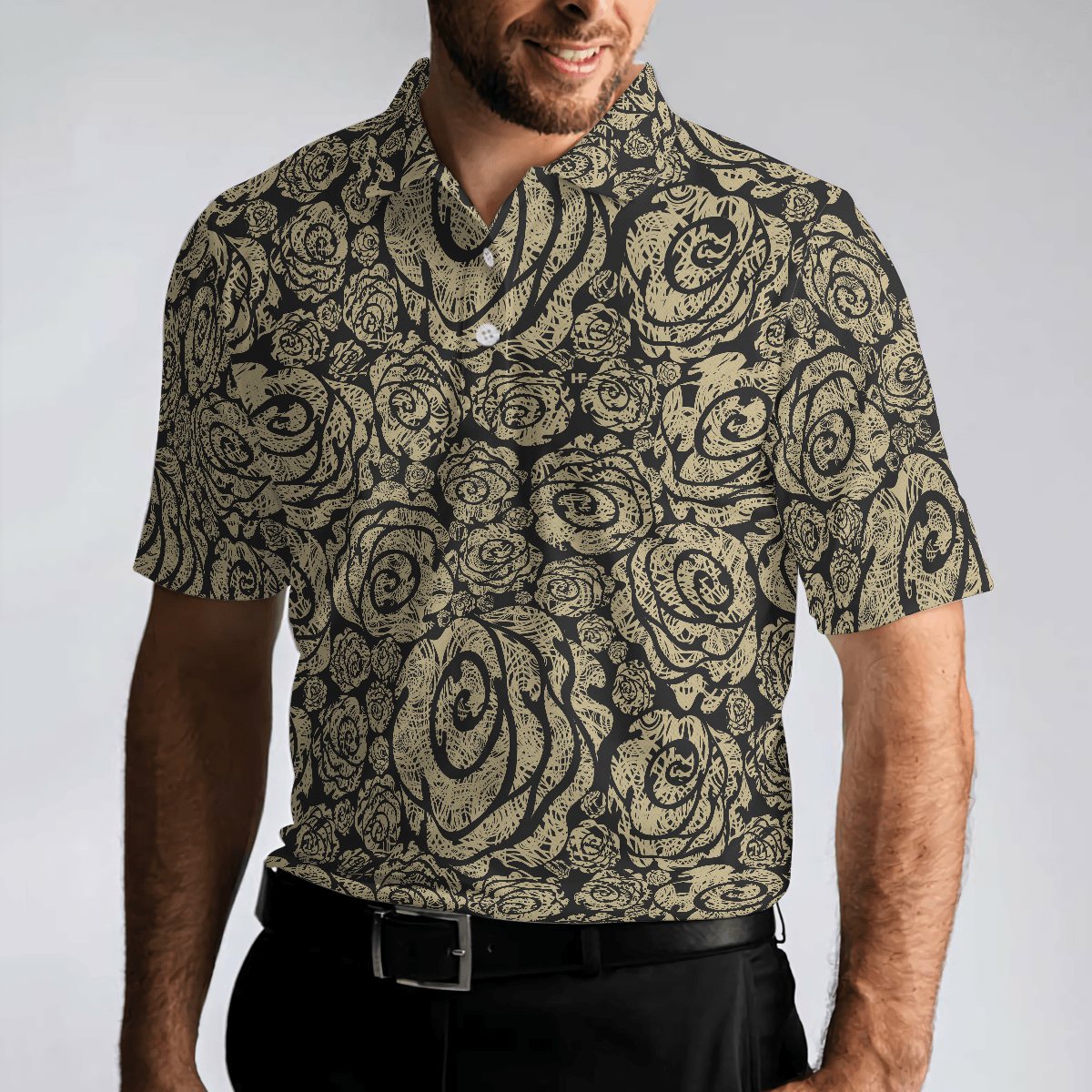 Men Golf Polo Shirt - Seamless Beige Grunge Rose Pattern Men Polo Shirt, Cool Roses Graphic Polo Shirt, Rose Themed Shirt For Men, Flower Lovers - Amzanimalsgift