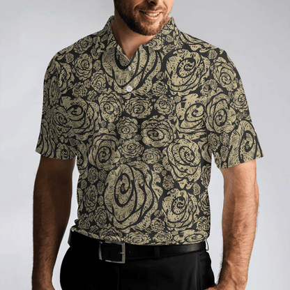 Men Golf Polo Shirt - Seamless Beige Grunge Rose Pattern Men Polo Shirt, Cool Roses Graphic Polo Shirt, Rose Themed Shirt For Men, Flower Lovers - Amzanimalsgift