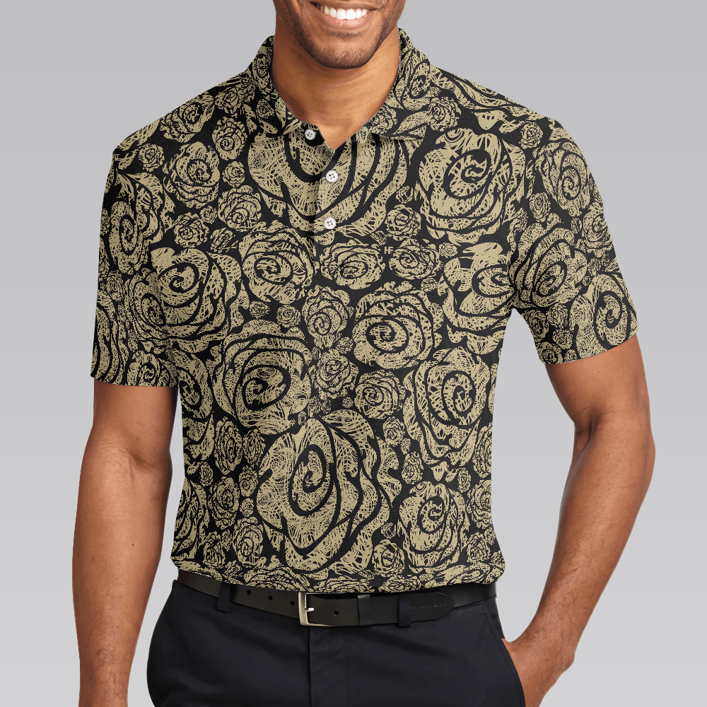 Men Golf Polo Shirt - Seamless Beige Grunge Rose Pattern Men Polo Shirt, Cool Roses Graphic Polo Shirt, Rose Themed Shirt For Men, Flower Lovers - Amzanimalsgift