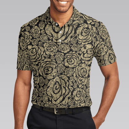 Men Golf Polo Shirt - Seamless Beige Grunge Rose Pattern Men Polo Shirt, Cool Roses Graphic Polo Shirt, Rose Themed Shirt For Men, Flower Lovers - Amzanimalsgift