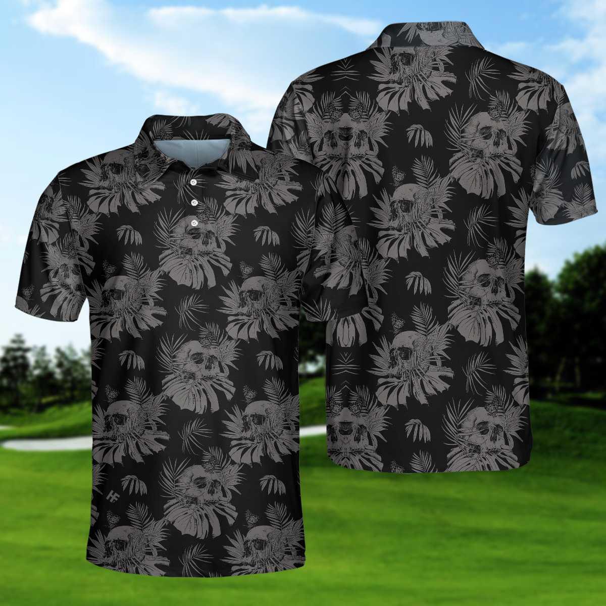 Men Golf Polo Shirt - Seamless Skull Goth Polo Shirt, Black Floral Skull Pattern Polo Shirt, Best Gothic Shirt For Men - Perfect Gift For Men, Golfer - Amzanimalsgift