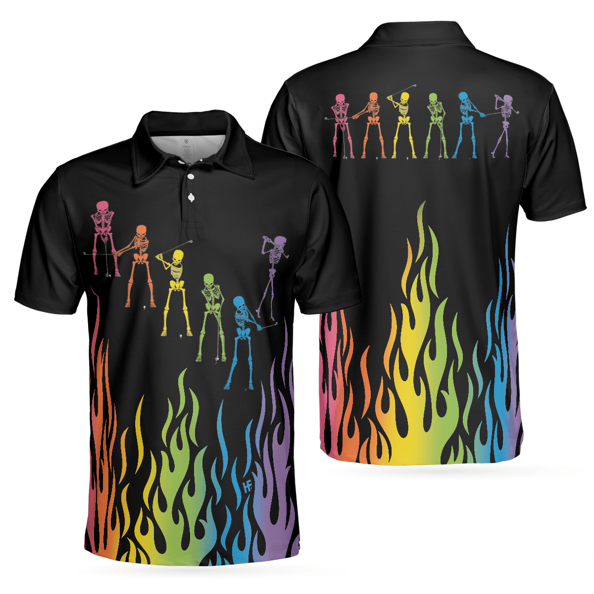 Men Golf Polo Shirt - Skeleton Playing Golf Polo Shirt, Rainbow Pallette Fire Golfing Polo Shirt, Cool Golf Shirt For Men - Perfect Gift For Men, Golfers - Amzanimalsgift