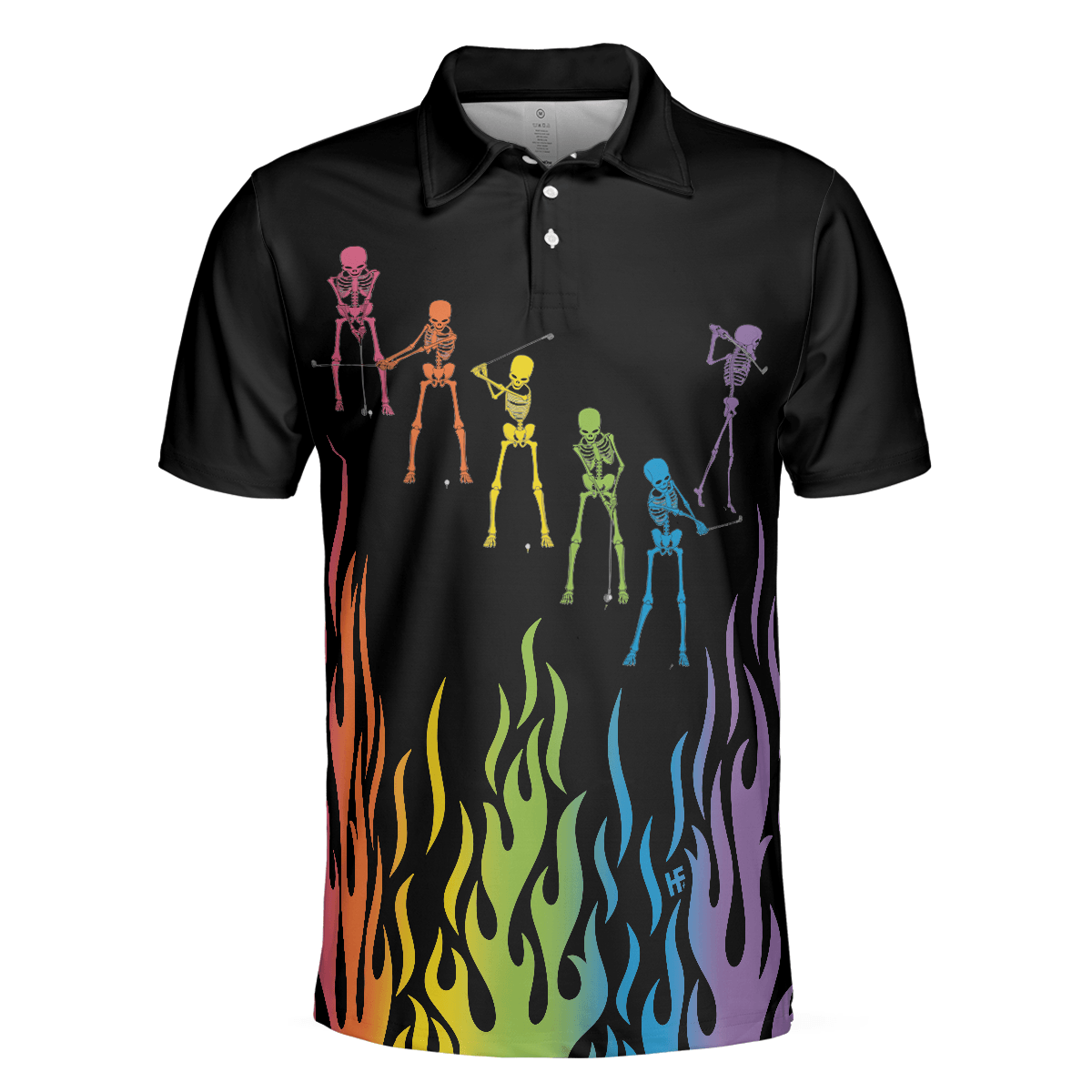 Men Golf Polo Shirt - Skeleton Playing Golf Polo Shirt, Rainbow Pallette Fire Golfing Polo Shirt, Cool Golf Shirt For Men - Perfect Gift For Men, Golfers - Amzanimalsgift