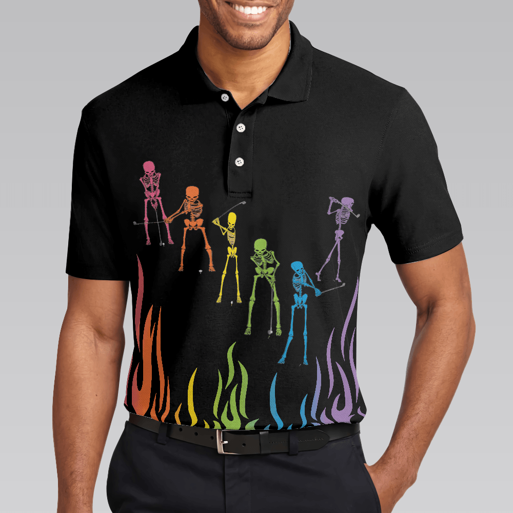 Men Golf Polo Shirt - Skeleton Playing Golf Polo Shirt, Rainbow Pallette Fire Golfing Polo Shirt, Cool Golf Shirt For Men - Perfect Gift For Men, Golfers - Amzanimalsgift