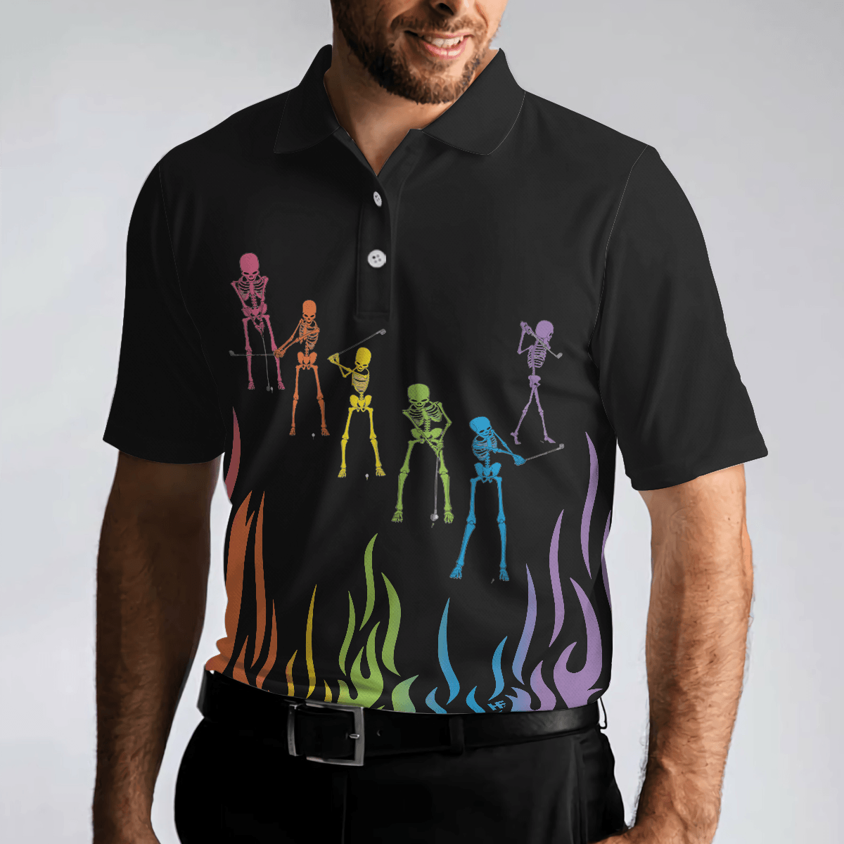 Men Golf Polo Shirt - Skeleton Playing Golf Polo Shirt, Rainbow Pallette Fire Golfing Polo Shirt, Cool Golf Shirt For Men - Perfect Gift For Men, Golfers - Amzanimalsgift