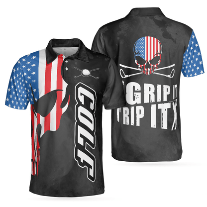 Men Golf Polo Shirt - Skull American Flag Men Polo Shirt, Grip It N' Rip It Skull Golf With American Flag Golf Polo Shirt, Cool Golf Shirt For Men - Amzanimalsgift
