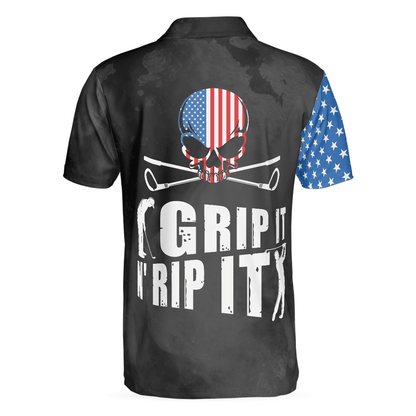 Men Golf Polo Shirt - Skull American Flag Men Polo Shirt, Grip It N' Rip It Skull Golf With American Flag Golf Polo Shirt, Cool Golf Shirt For Men - Amzanimalsgift