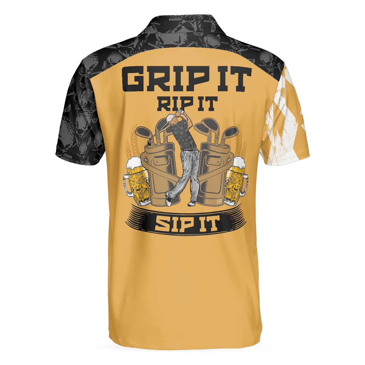 Men Golf Polo Shirt - Skull And Yellow Argyle Pattern Golf Polo Shirt, Grip It Rip It Sip It , Skull Golf Golf Polo Shirt For Men, Golfers - Amzanimalsgift