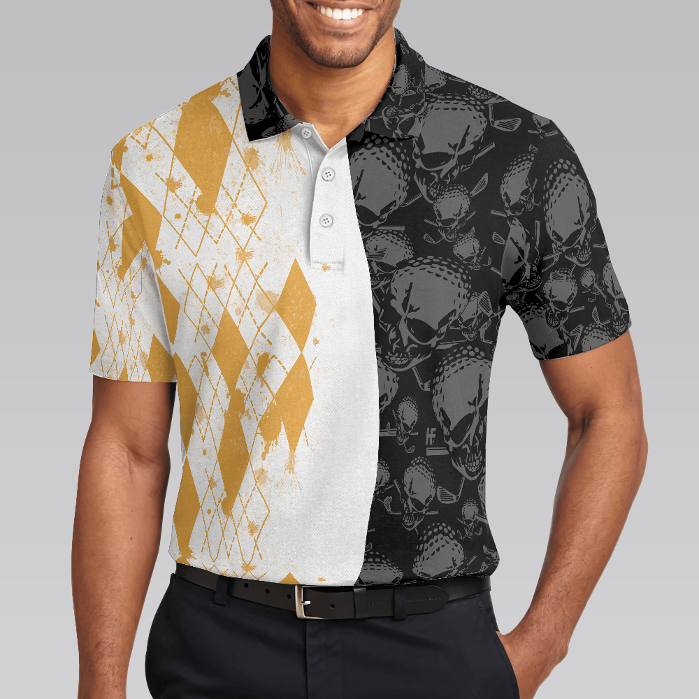 Men Golf Polo Shirt - Skull And Yellow Argyle Pattern Golf Polo Shirt, Grip It Rip It Sip It , Skull Golf Golf Polo Shirt For Men, Golfers - Amzanimalsgift