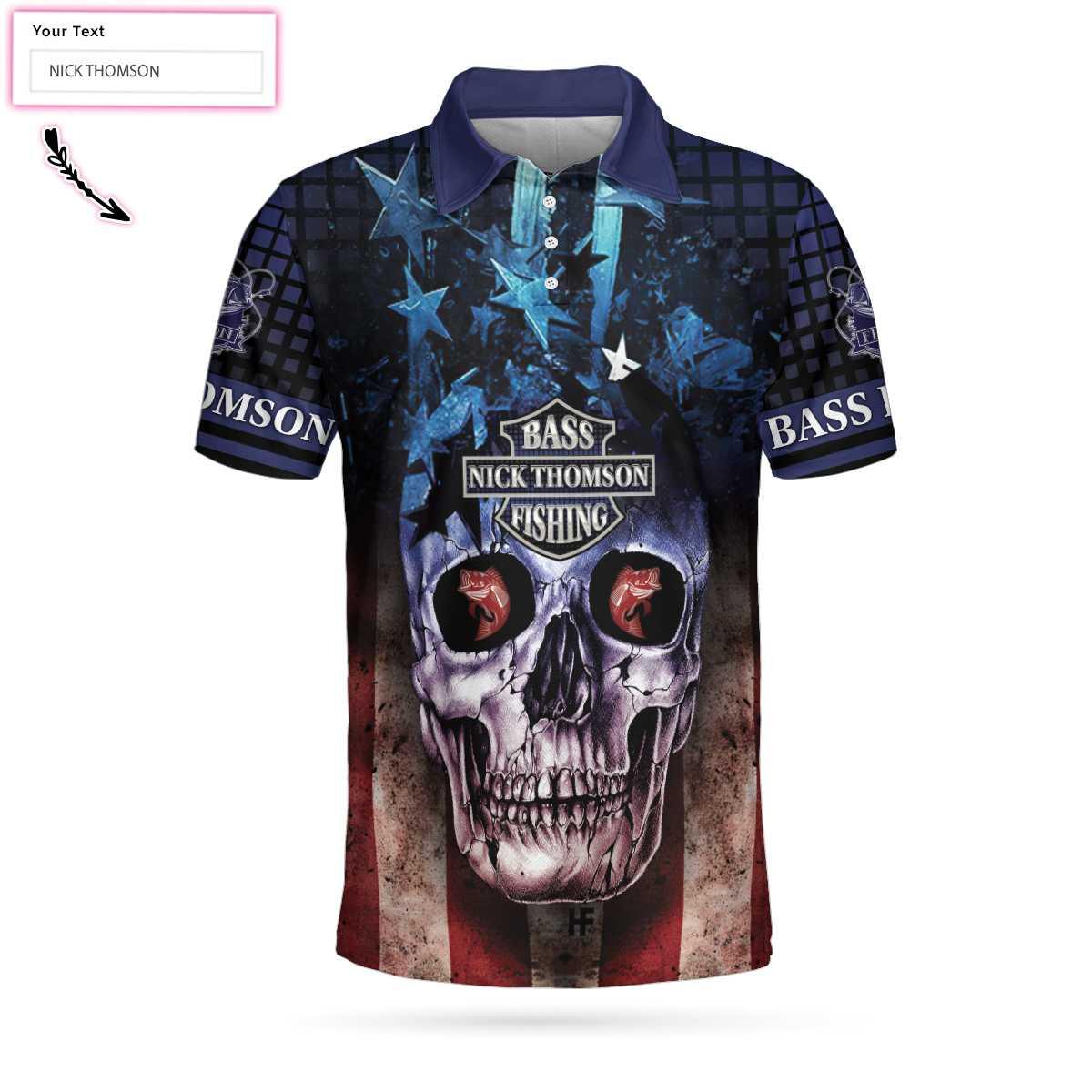 Men Golf Polo Shirt - Skull Fishing Custom Name Polo Shirt, Jerk It Till She Swallows Custom Polo Shirt, Personalized American Flag Fishing Shirt - Amzanimalsgift
