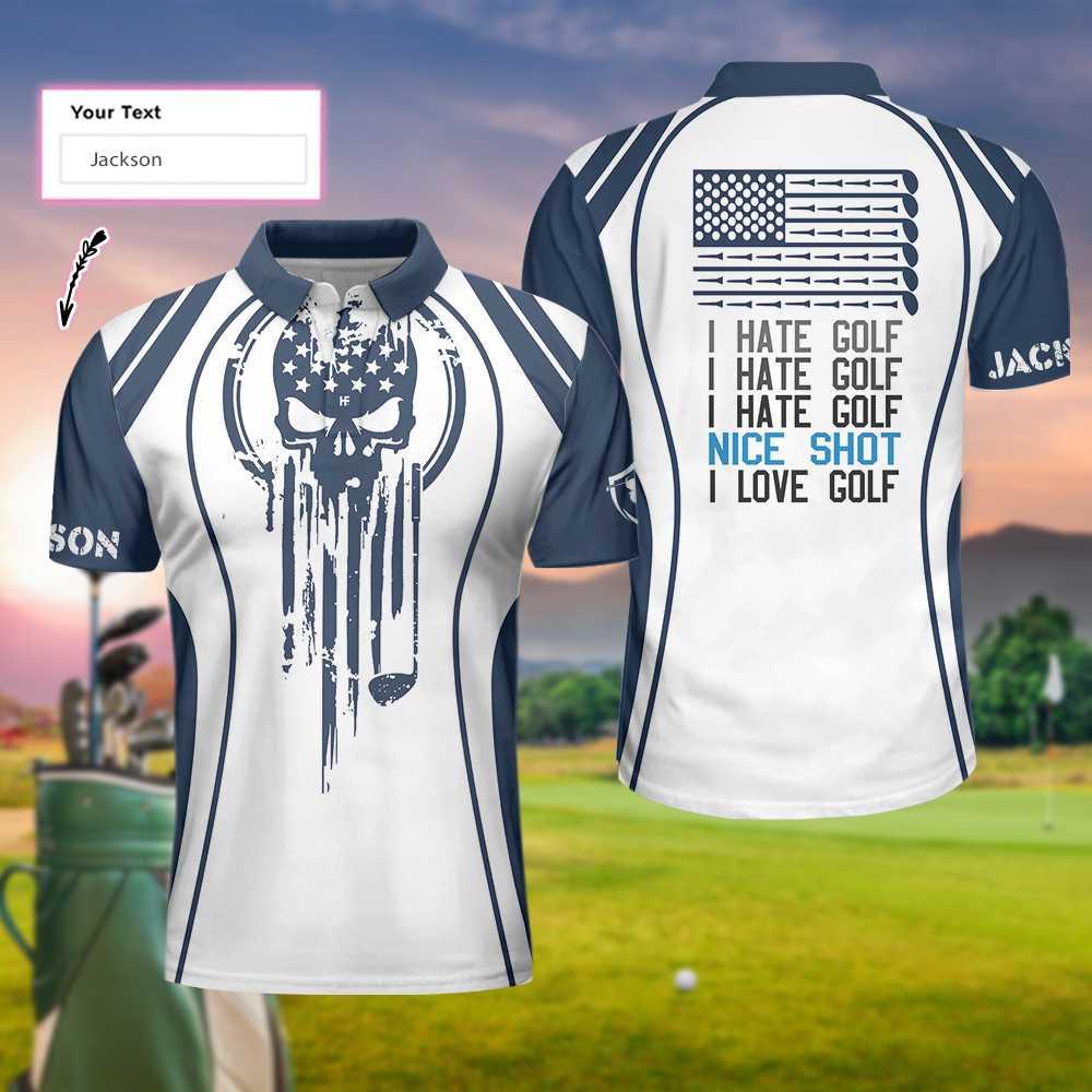 Men Golf Polo Shirt - Skull Golf Custom Name Polo Shirt, Personalized Skull American Flag Golf Polo Shirt - Perfect Gift For Men, Golfers - Amzanimalsgift
