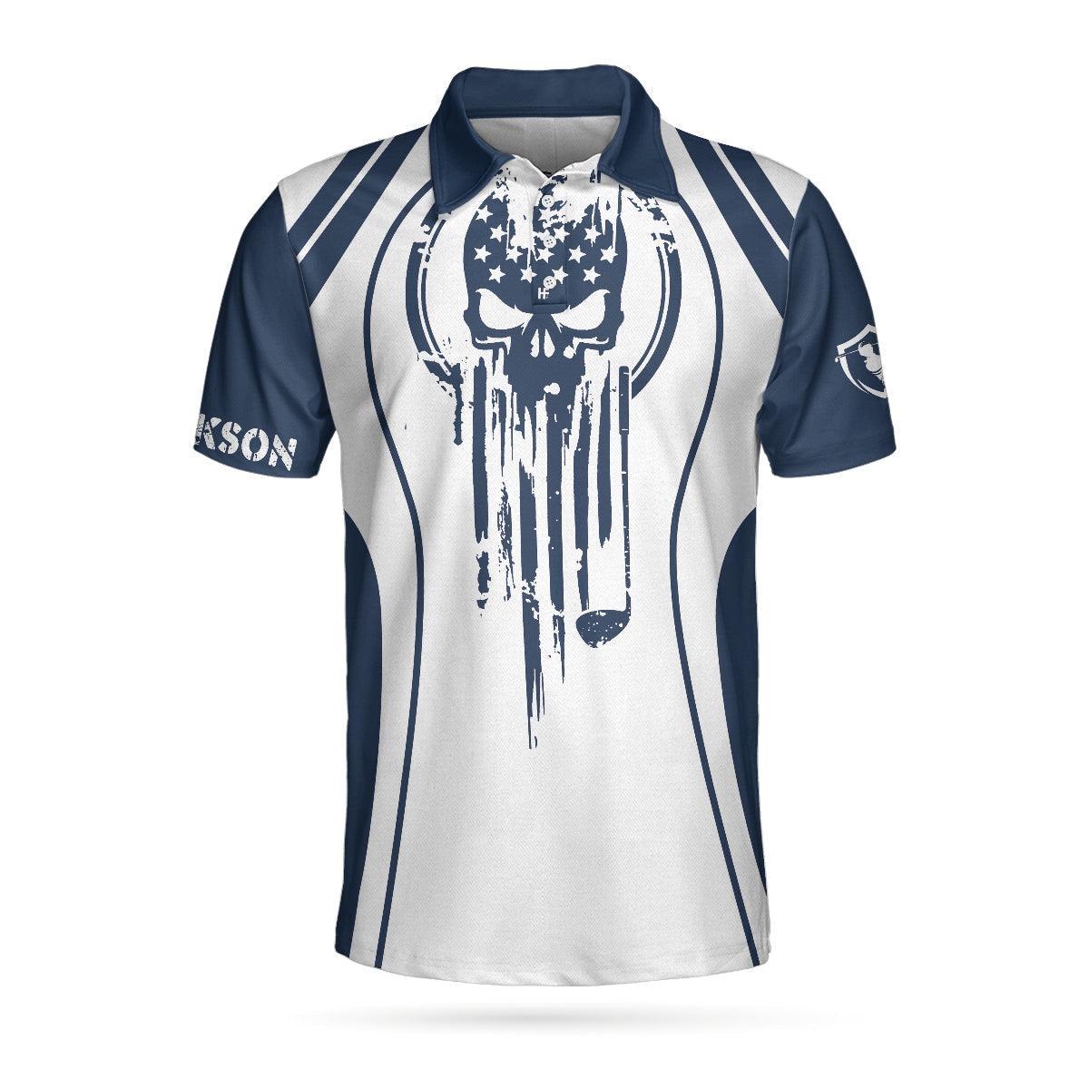 Men Golf Polo Shirt - Skull Golf Custom Name Polo Shirt, Personalized Skull American Flag Golf Polo Shirt - Perfect Gift For Men, Golfers - Amzanimalsgift