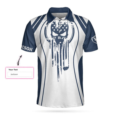 Men Golf Polo Shirt - Skull Golf Custom Name Polo Shirt, Personalized Skull American Flag Golf Polo Shirt - Perfect Gift For Men, Golfers - Amzanimalsgift
