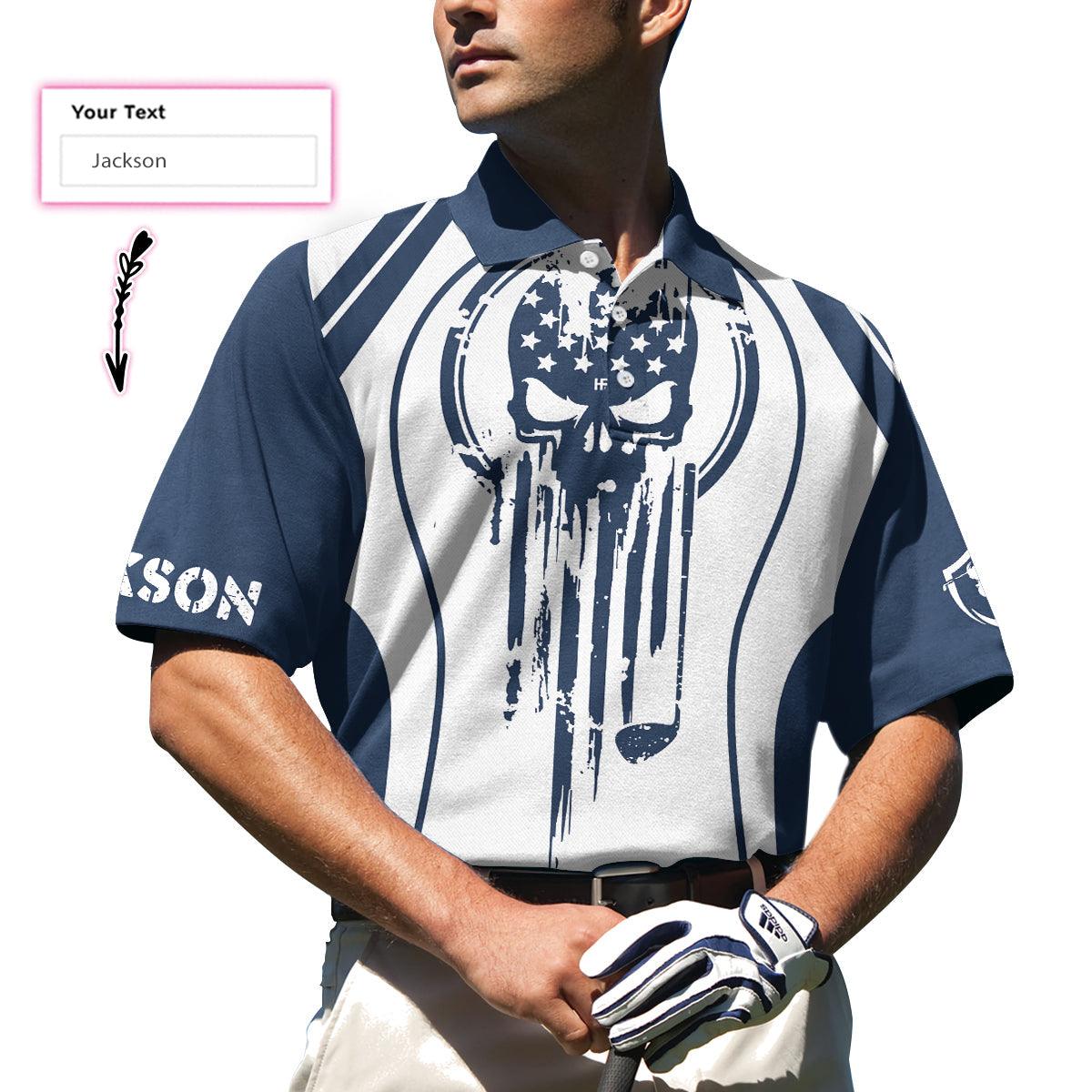 Men Golf Polo Shirt - Skull Golf Custom Name Polo Shirt, Personalized Skull American Flag Golf Polo Shirt - Perfect Gift For Men, Golfers - Amzanimalsgift