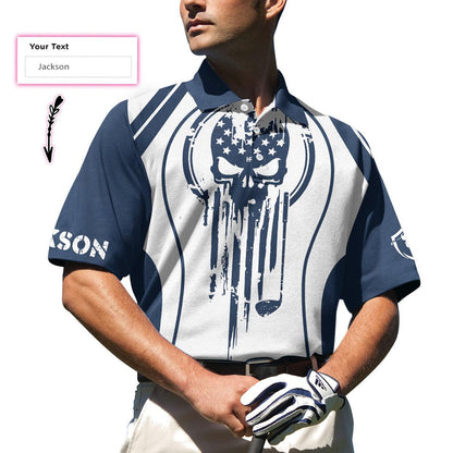 Men Golf Polo Shirt - Skull Golf Custom Name Polo Shirt, Personalized Skull American Flag Golf Polo Shirt - Perfect Gift For Men, Golfers - Amzanimalsgift