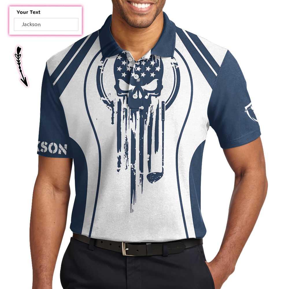 Men Golf Polo Shirt - Skull Golf Custom Name Polo Shirt, Personalized Skull American Flag Golf Polo Shirt - Perfect Gift For Men, Golfers - Amzanimalsgift