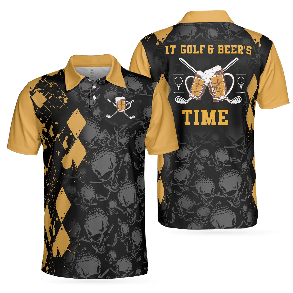 Men Golf Polo Shirt - Skull Pattern Golf Drinking Men Polo Shirt, It Golf & Beer's Time Polo Shirt, Best Beer Golf Shirt For Men - Amzanimalsgift