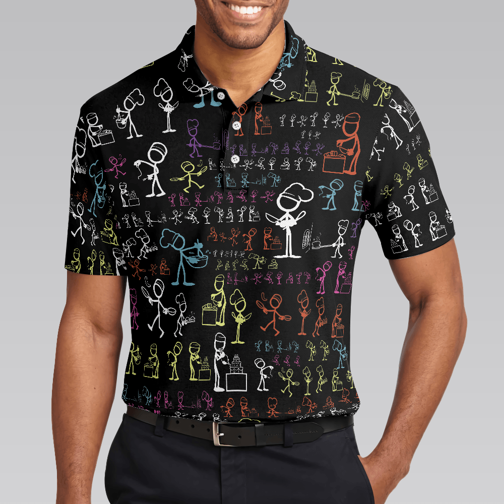 Men Golf Polo Shirt - Stickfigures Chef Polo Shirt, Doodling Cooking Polo Shirt, Best Chef Shirt For Men - Perfect Gift For Men, Golfers - Amzanimalsgift