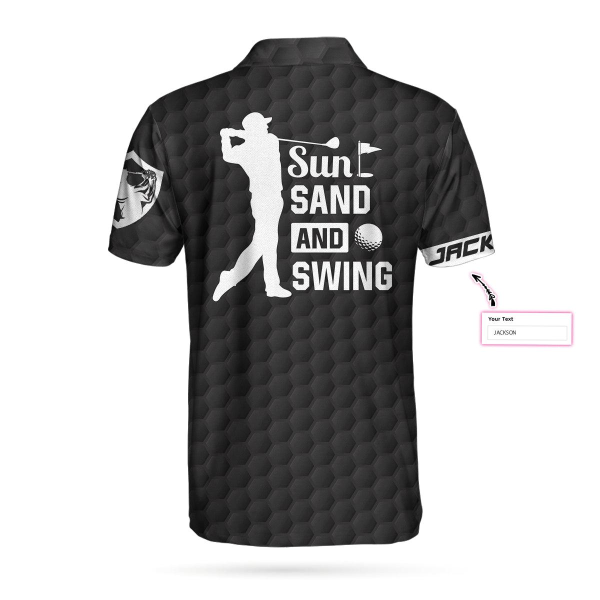 Men Golf Polo Shirt - Sun Sand and Swing Custom Polo Shirt, Personalized Black American Flag Golf Shirt - Perfect Gift For Men, Golf Lover - Amzanimalsgift