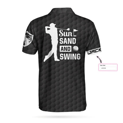 Men Golf Polo Shirt - Sun Sand and Swing Custom Polo Shirt, Personalized Black American Flag Golf Shirt - Perfect Gift For Men, Golf Lover - Amzanimalsgift
