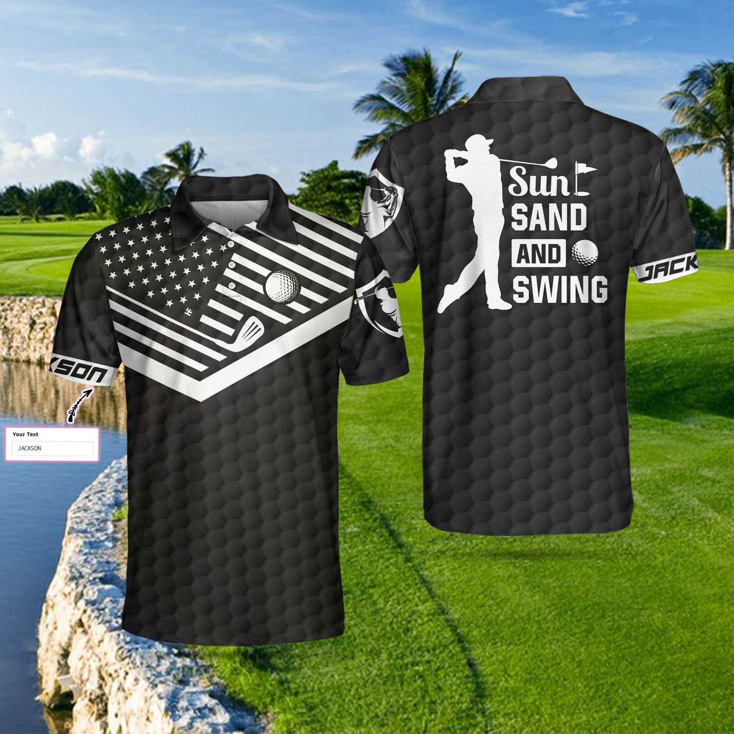 Men Golf Polo Shirt - Sun Sand and Swing Custom Polo Shirt, Personalized Black American Flag Golf Shirt - Perfect Gift For Men, Golf Lover - Amzanimalsgift