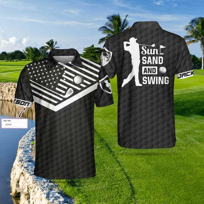 Men Golf Polo Shirt - Sun Sand and Swing Custom Polo Shirt, Personalized Black American Flag Golf Shirt - Perfect Gift For Men, Golf Lover - Amzanimalsgift