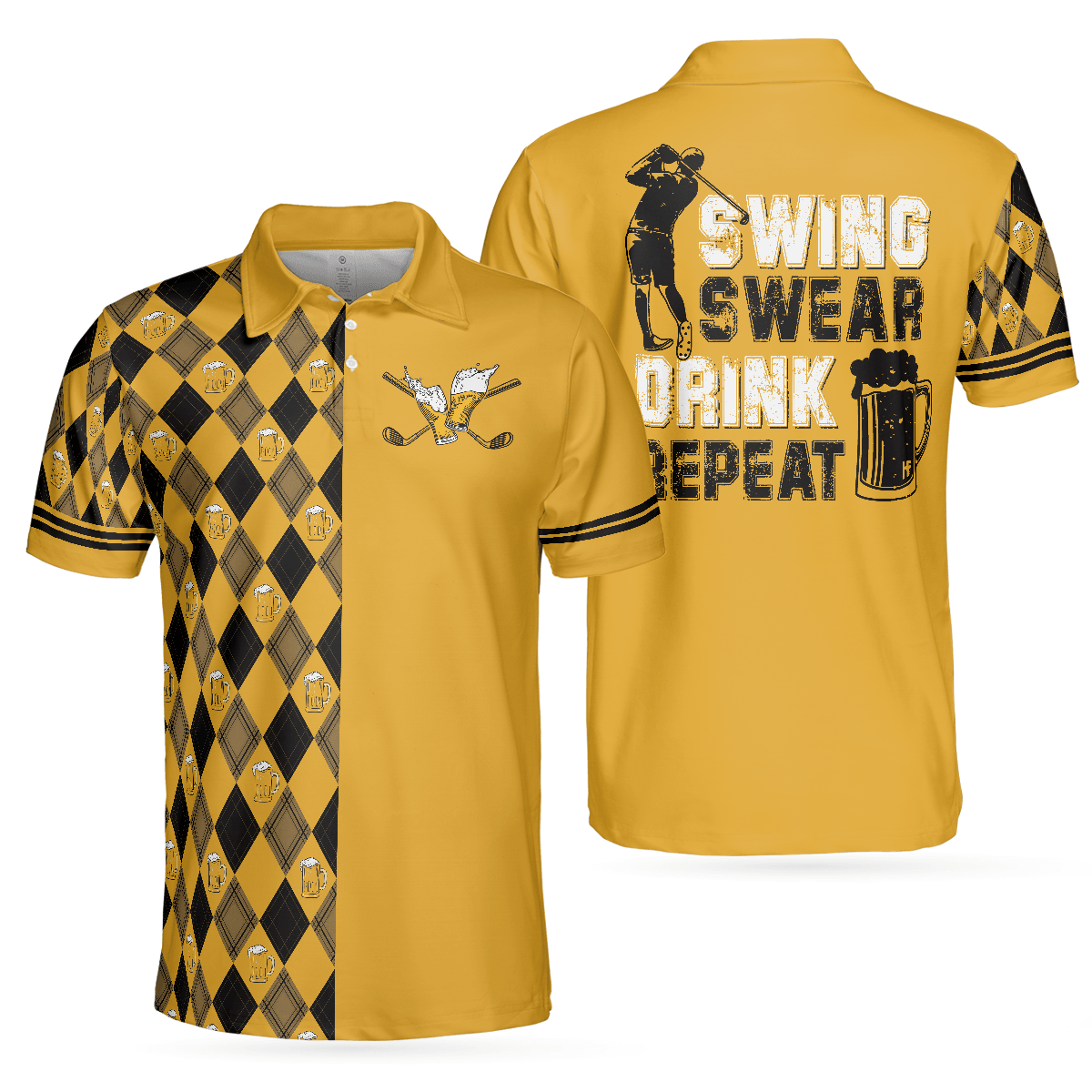 Men Golf Polo Shirt - Swing Swear Drink Repeat Polo Shirt, Black And Yellow Argyle Pattern Shirt, Swag Golf Gift For Golfers - Perfect Gift For Men, Golfers - Amzanimalsgift