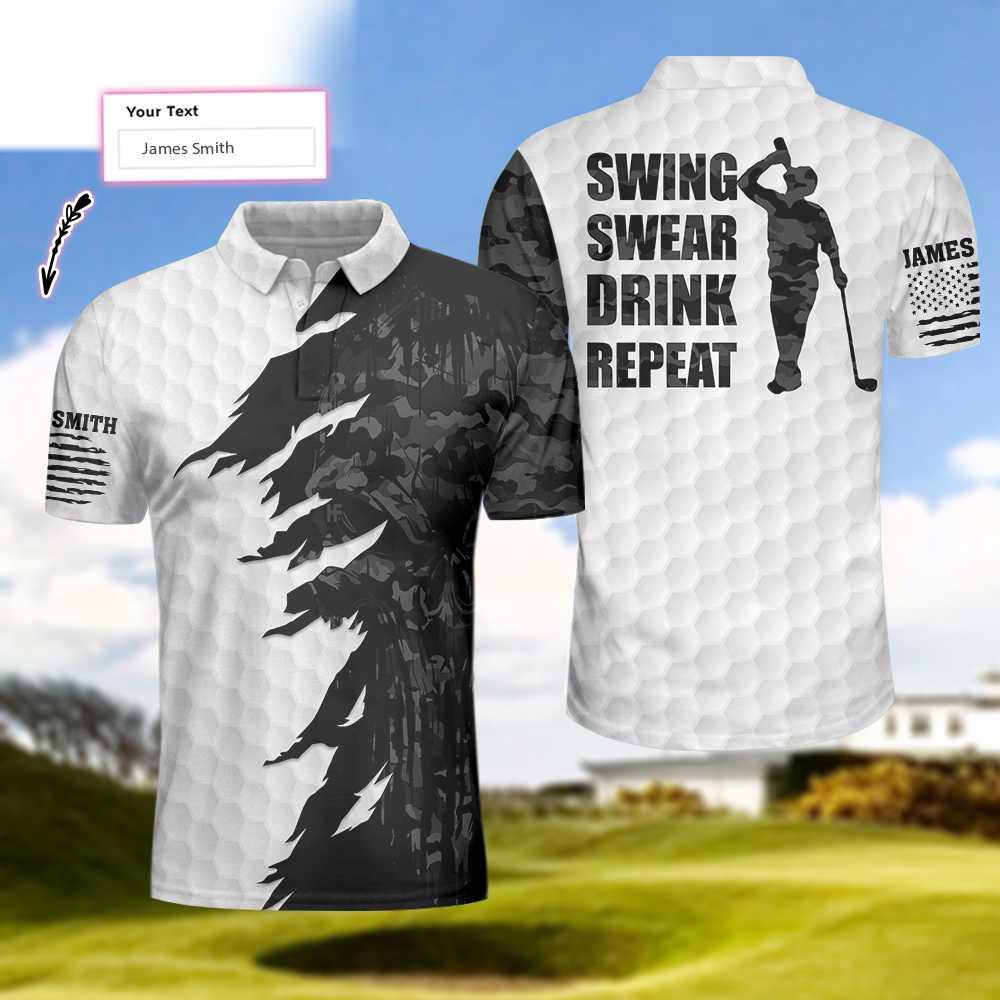 Men Golf Polo Shirt - Swing Swear Drink Repeat Ripped Camouflage Skull Golf Custom Polo Shirt, Personalized Black And White Golf Shirt For Men - Amzanimalsgift