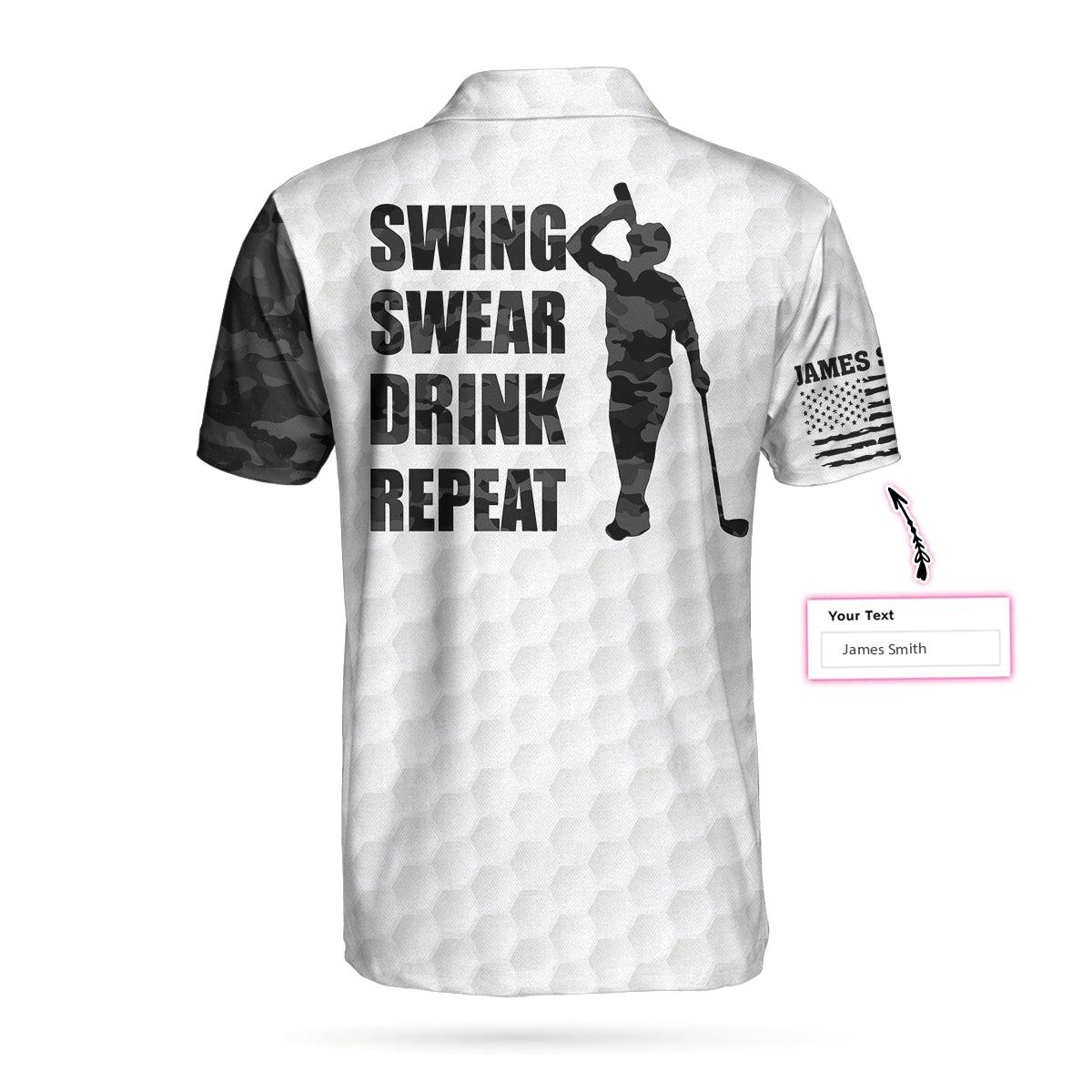 Men Golf Polo Shirt - Swing Swear Drink Repeat Ripped Camouflage Skull Golf Custom Polo Shirt, Personalized Black And White Golf Shirt For Men - Amzanimalsgift