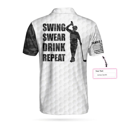 Men Golf Polo Shirt - Swing Swear Drink Repeat Ripped Camouflage Skull Golf Custom Polo Shirt, Personalized Black And White Golf Shirt For Men - Amzanimalsgift
