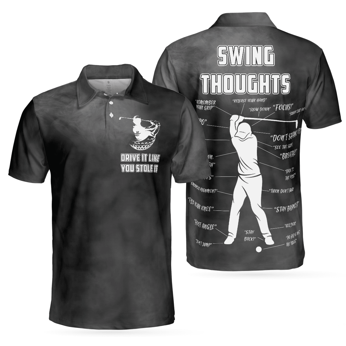 Men Golf Polo Shirt - Swing Thoughts Golf Polo Shirt, Black And Smoke Golfing Shirt, Funny Golf Shirt For Men - Perfect Gift For Men, Golfers - Amzanimalsgift