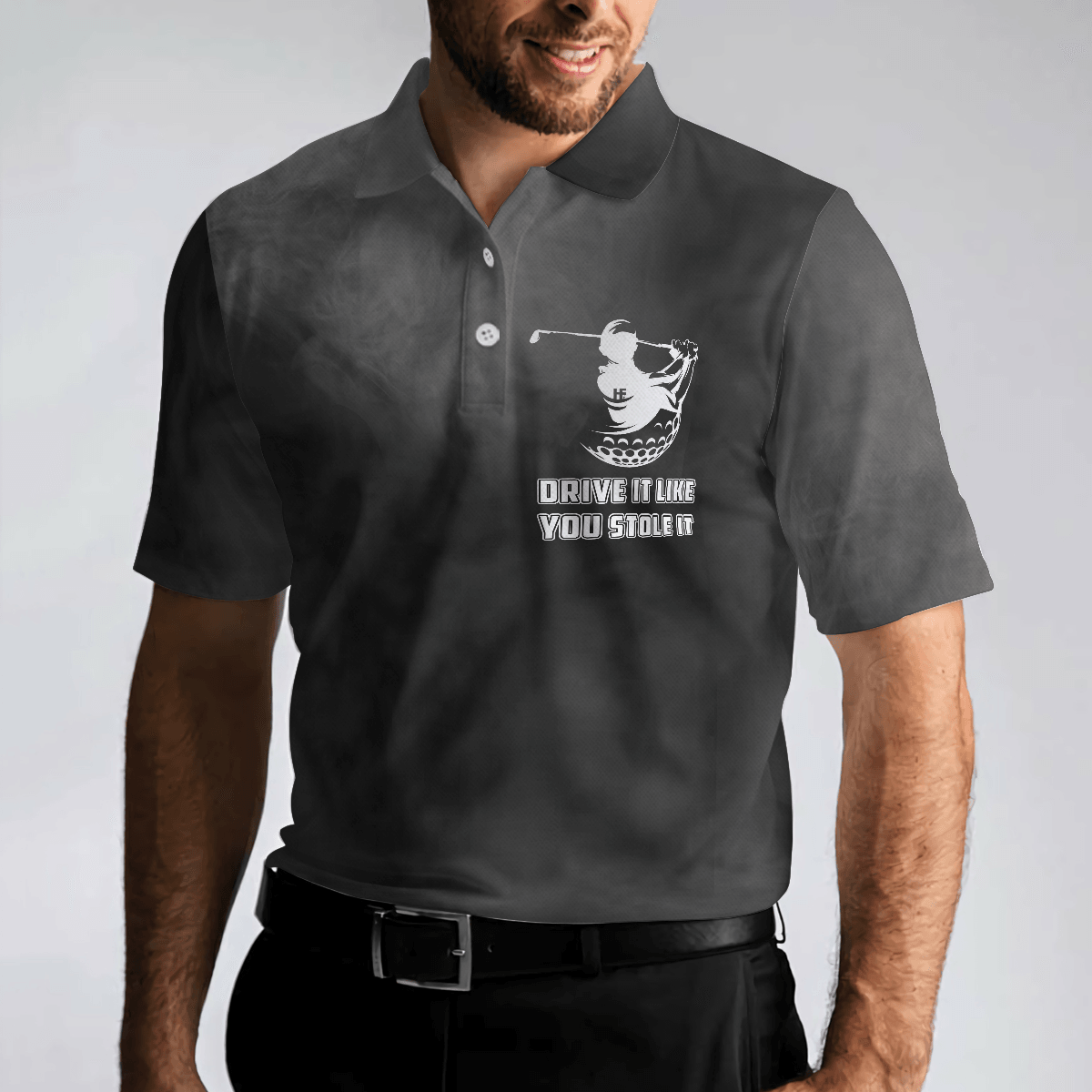Men Golf Polo Shirt - Swing Thoughts Golf Polo Shirt, Black And Smoke Golfing Shirt, Funny Golf Shirt For Men - Perfect Gift For Men, Golfers - Amzanimalsgift