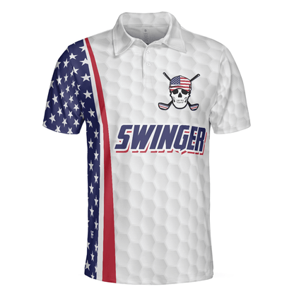 Men Golf Polo Shirt - Swinger Skull Golf Polo Shirt, Golf Pattern American Flag Polo Shirt, Best Golf Shirt For Men - Perfect Gift For Men, Golfers - Amzanimalsgift