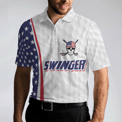 Men Golf Polo Shirt - Swinger Skull Golf Polo Shirt, Golf Pattern American Flag Polo Shirt, Best Golf Shirt For Men - Perfect Gift For Men, Golfers - Amzanimalsgift