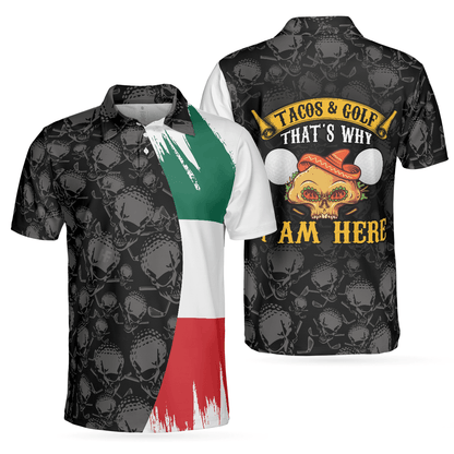 Men Golf Polo Shirt - Tacos & Golf Polo Shirt, Skull Pattern Golfing Shirt Design, Tacos Golf Shirt - Perfect Gift For Men, Golfers - Amzanimalsgift