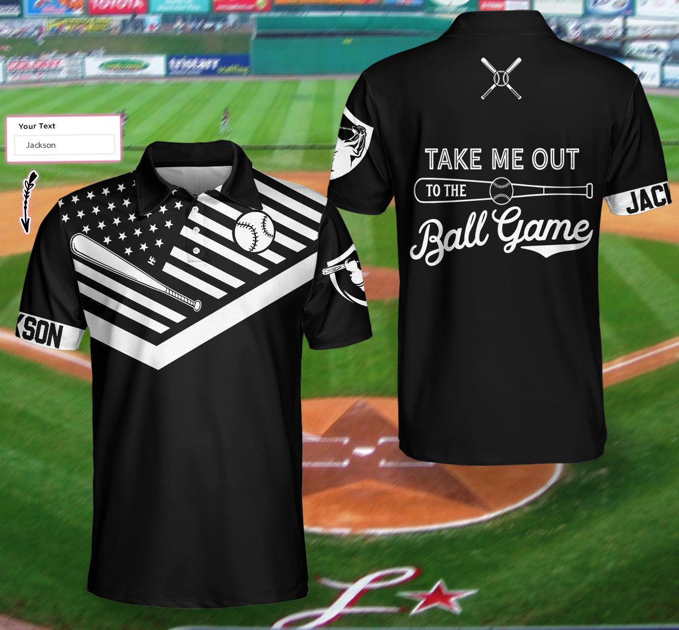 Men Golf Polo Shirt - Take Me Out To The Ball Game Custom Polo Shirt, Personalized Black American Flag Baseball Shirt - Perfect Gift For Men, Golf Lover - Amzanimalsgift