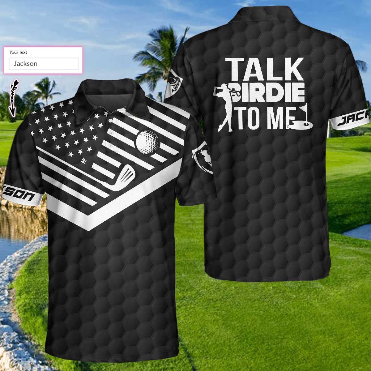 Men Golf Polo Shirt - Talk Birdie To Me Custom Polo Shirt, Personalized Black American Flag Men Golf Polo Shirt - Perfect Polo Shirt For Men, Golfers - Amzanimalsgift