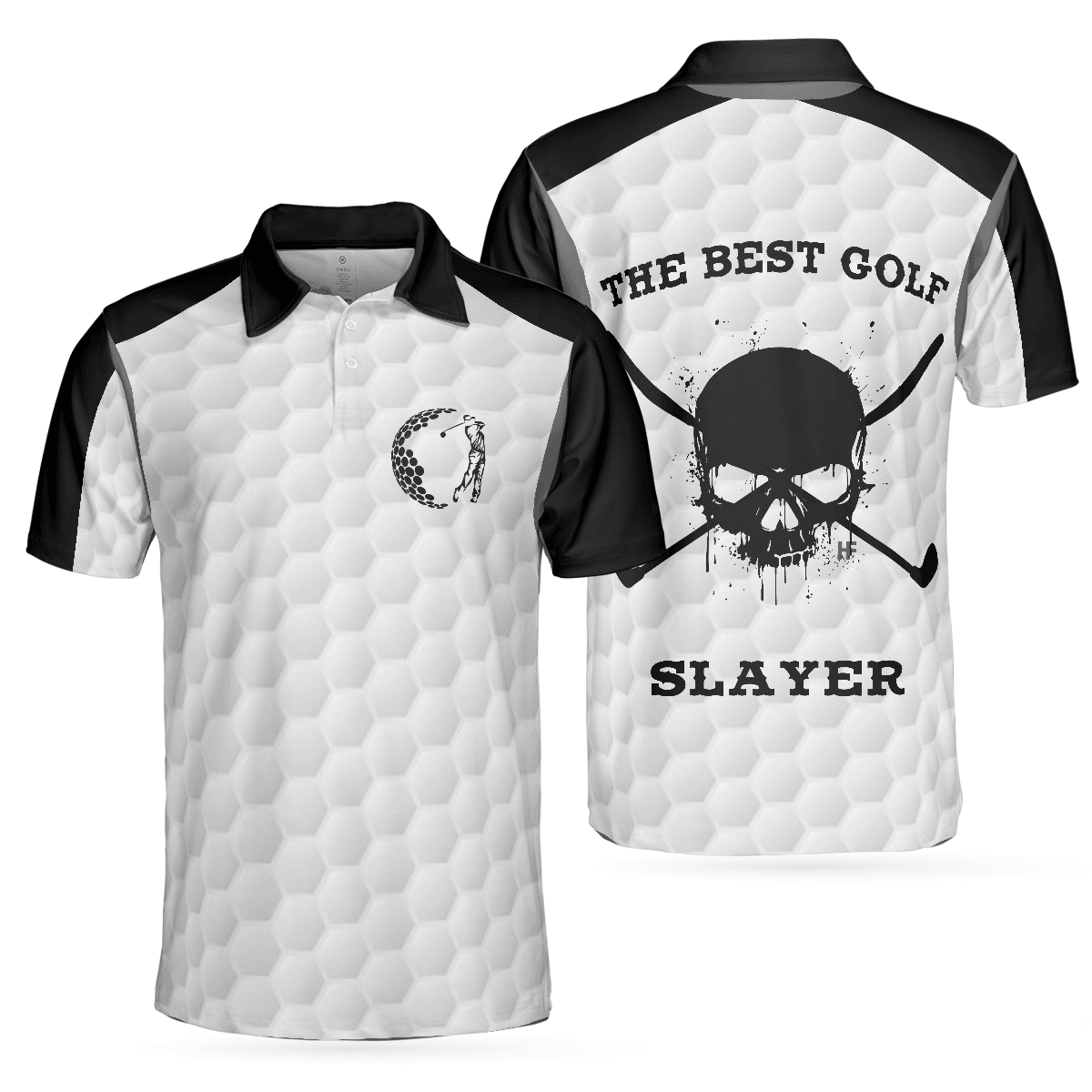 Men Golf Polo Shirt - The Best Golf Slayer Wet Ink Skull Polo Shirt, Black Shoulder White Golf Pattern Polo Shirt, Best Golf Shirt For Men - Amzanimalsgift