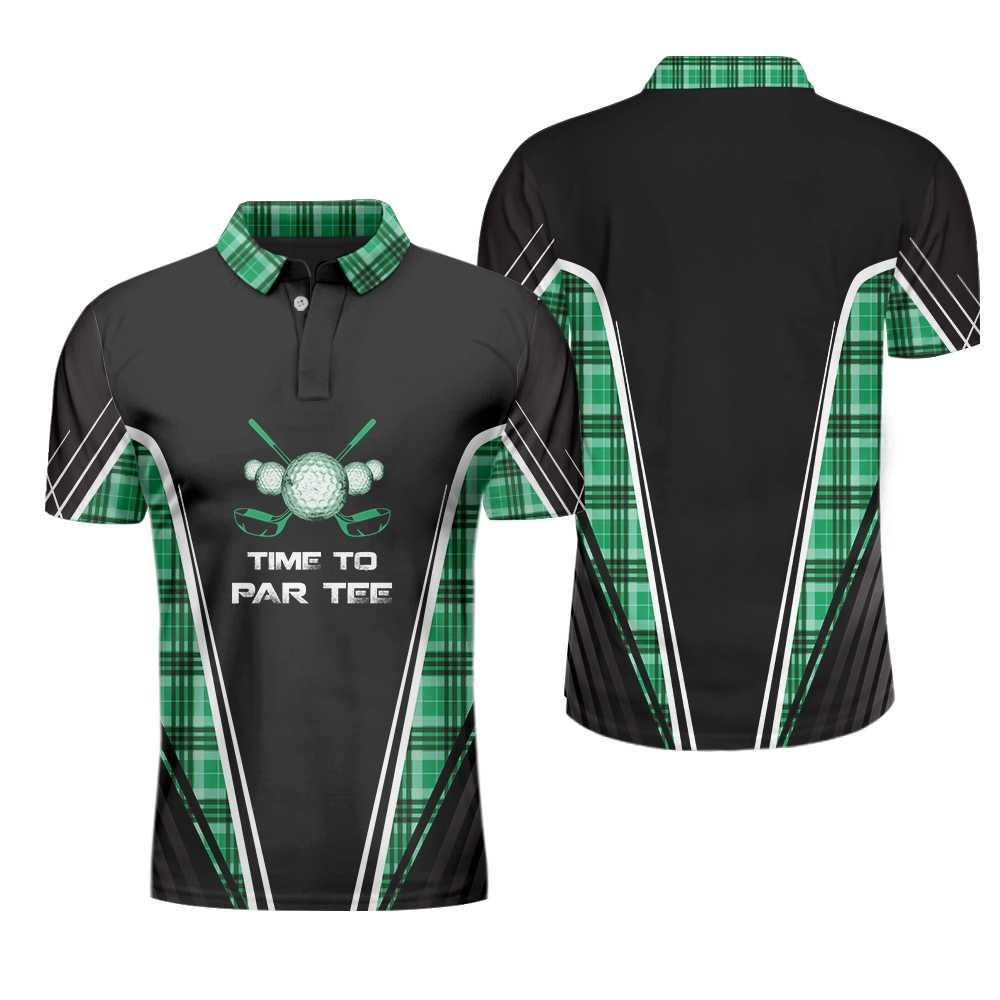 Men Golf Polo Shirt - Time To Par Tee Black And Green Polo Shirt, Green Tartan Plaid Pattern Polo Shirt, Best Golf Shirt - Perfect Gift For Men - Amzanimalsgift